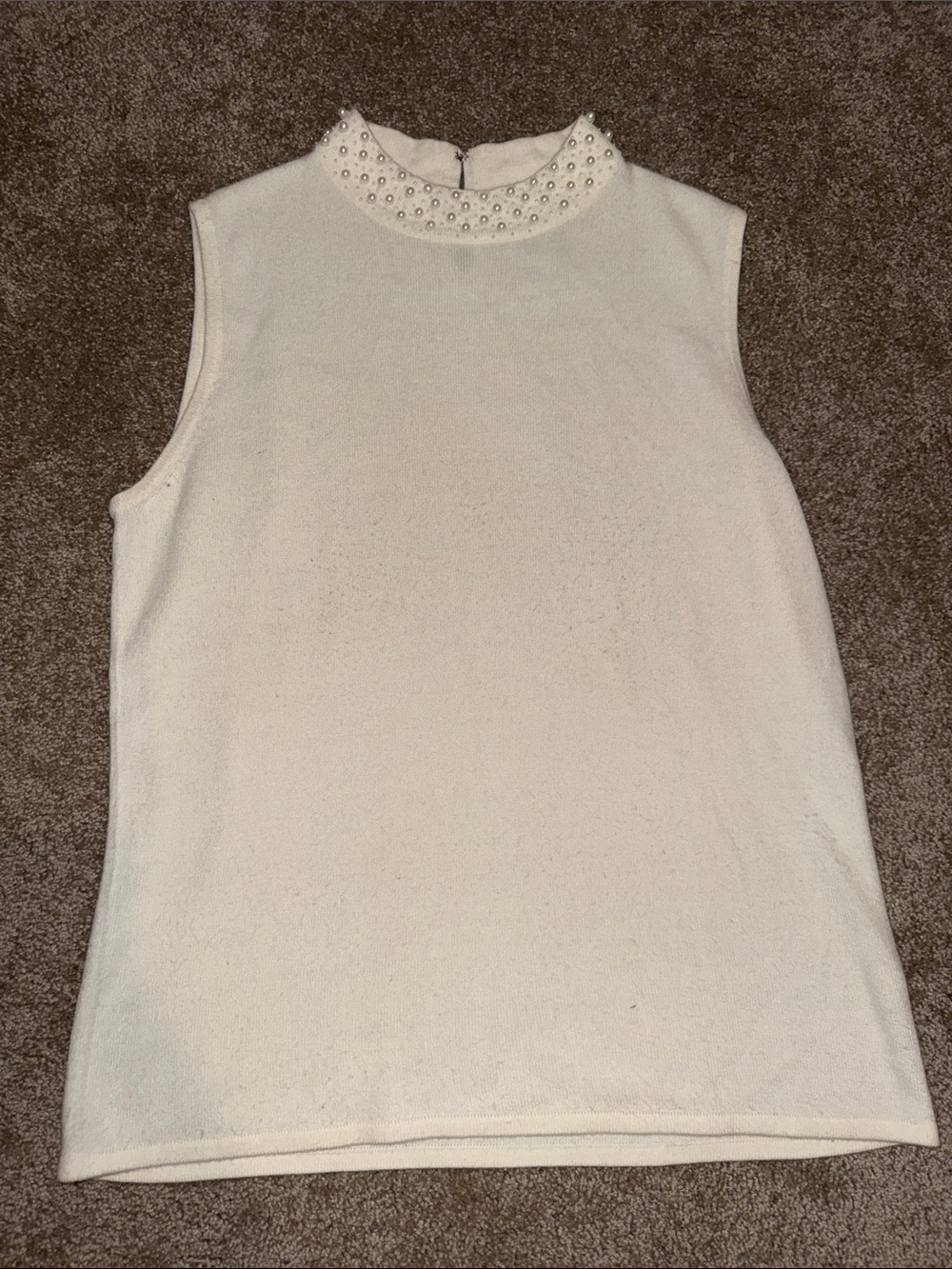 Designers Originals Pearl-Accent Sleeveless Mock Neck Top - White - Large
